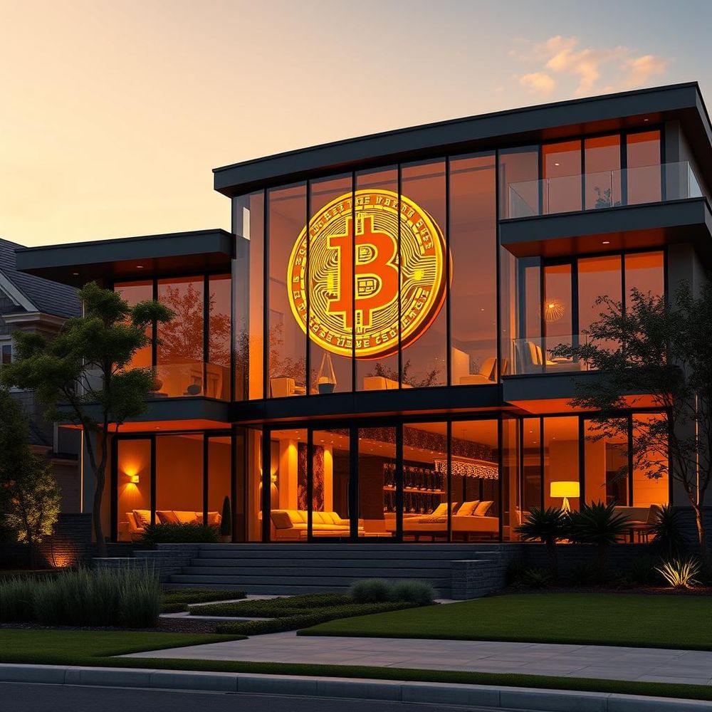 Modern luxury home with Bitcoin symbol glowing in floor-to-ceiling windows at golden hour