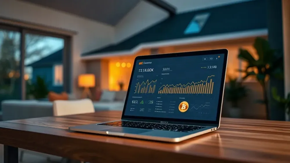 Coinbase mortgage vs Milo crypto mortgage: laptop with crypto dashboard in front of a modern home