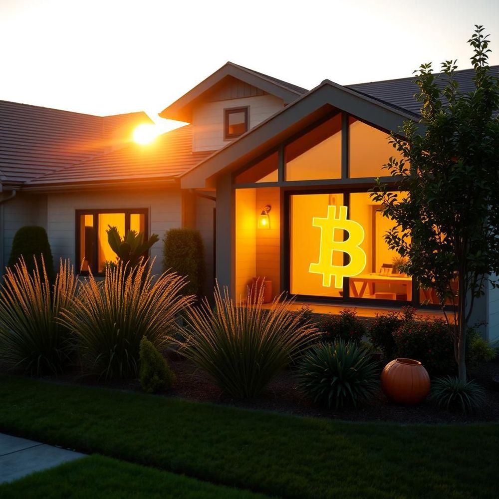 A modern family home at golden hour with a subtle Bitcoin symbol reflected in the windows