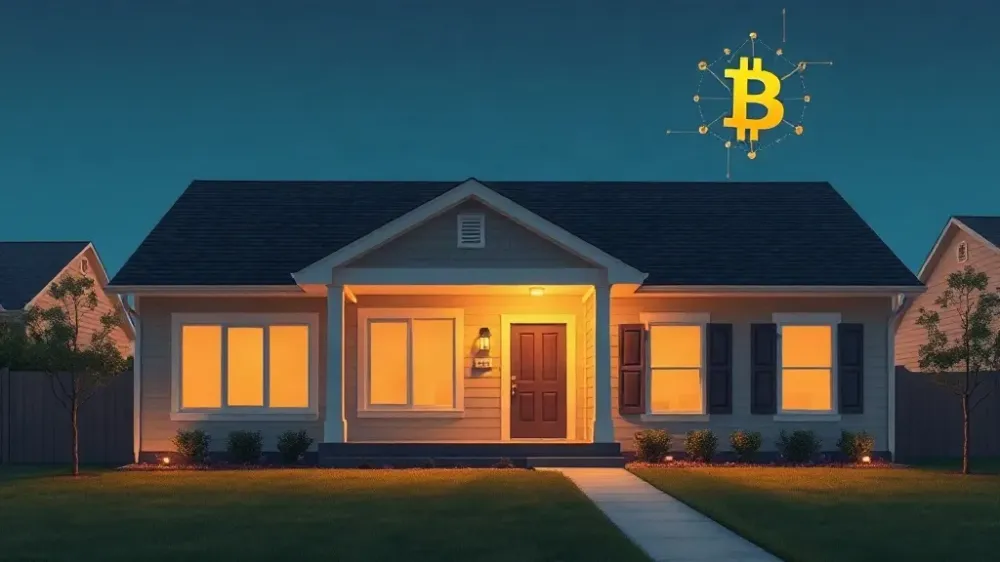 Modern home at golden hour with subtle bitcoin and blockchain elements, representing crypto-backed mortgages and FHFA regulatory review