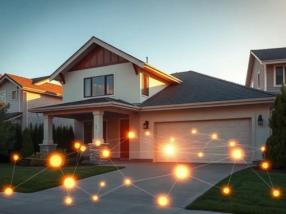 Cryptocurrency mortgage - modern home with digital blockchain overlay