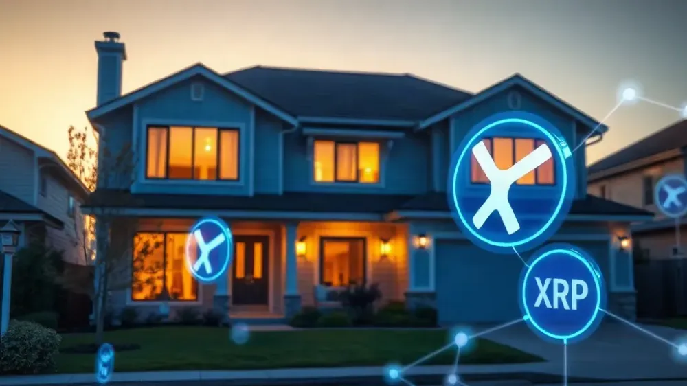 Modern home at golden hour with floating XRP coin and blockchain network lines, representing an XRP crypto loan used toward a home with Milo