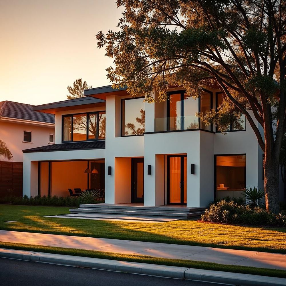 Modern luxury home exterior at golden hour