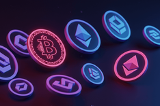 dark background with neon crypto coins