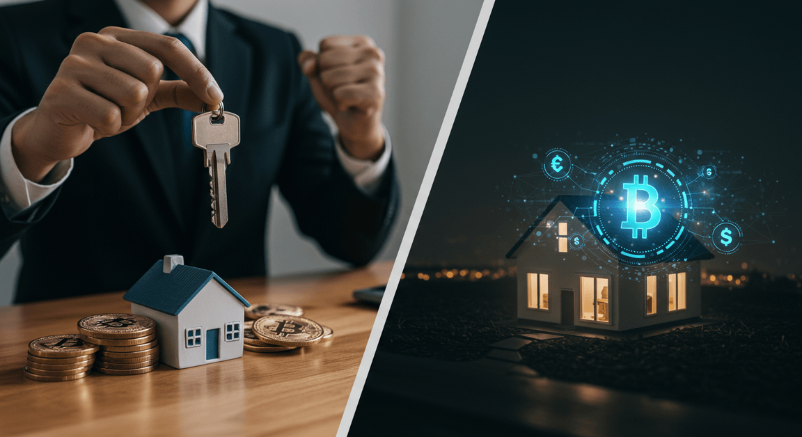 a cover image for an article comparing selling btc to buy a house to getting a crypto mortgage without any words please