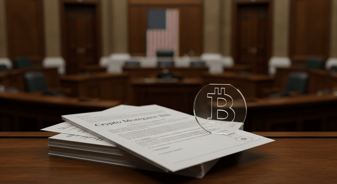 ai generated image of the senate room with a stack of paper and a singular translucent bitcoin