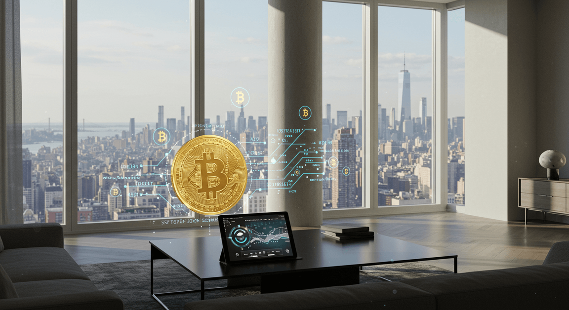 view of high rise new york apartment with bitcoin in the living room