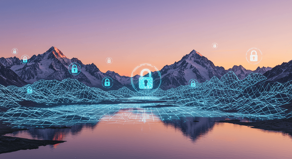 mountain water view with a neon blue overlay of security locks